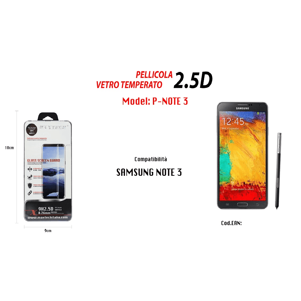 PELLICOLA VETRO TEMPERATO PER SAMSUNG GALAXY NOTE 3 PROTETTIVA LCD MAXTECH P-NOTE 3