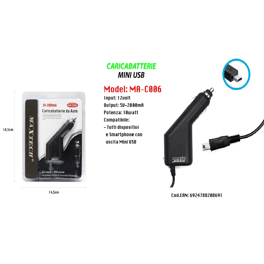 CARICABATTERIA CARICATORE USB DA AUTO RICARICA SMARTPHONE 5V-2000MA MAXTECH MA-C006 - 2