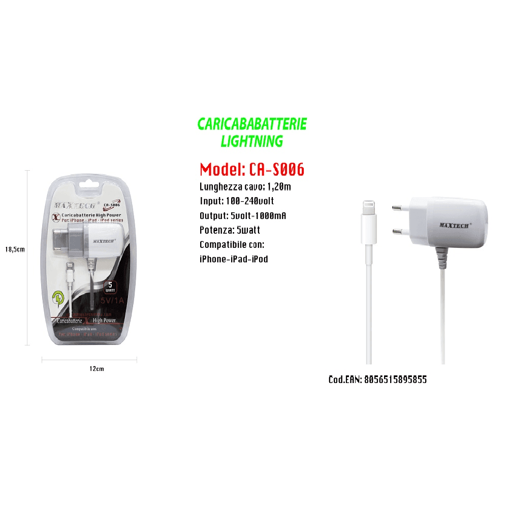 CARICABATTERIE HIGH POWER LIGHTNING PER IPHONE - IPAD - IPOD SERIES MAXTECH CA-S006 - 2
