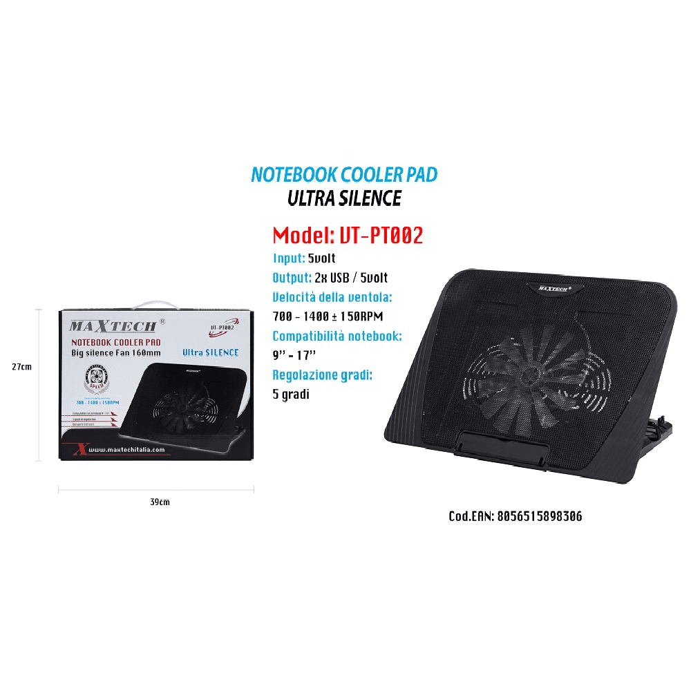 VENTOLA DI RAFFREDDAMENTO BASE DISSIPATORE PER PC NOTEBOOK PAD 160MM MAXTECH VT-PT002 - 2