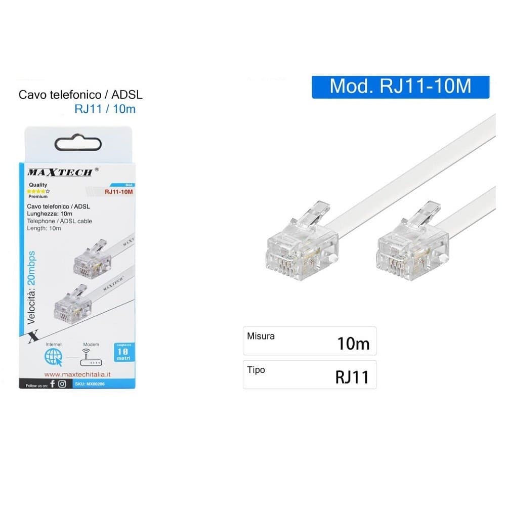 CAVO PROLUNGA TELEFONICA RJ11 10MT MAXTECH RJ11-10M COLLEGAMENTO MODEM TELEFONICO - 2