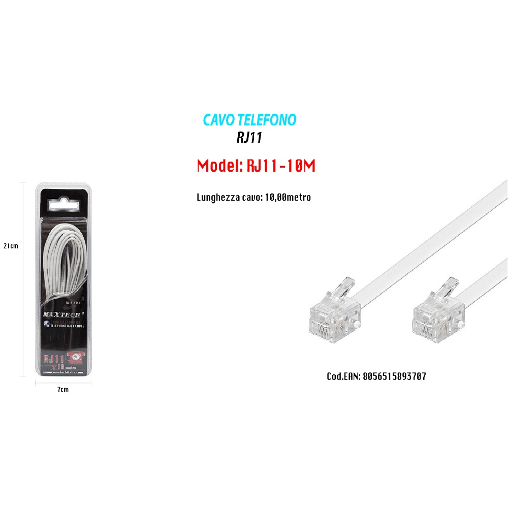 CAVO PROLUNGA TELEFONICA RJ11 10MT MAXTECH RJ11-10M COLLEGAMENTO MODEM TELEFONICO - 3