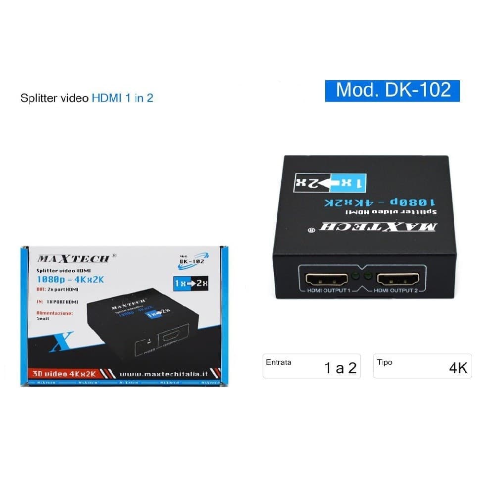 SPLITTER SDOPPIATORE 2 PORTE USB HDMI FULL HD 1080P TV PS3 XBOX 3D 4K MAXTECH DK-102 - 2