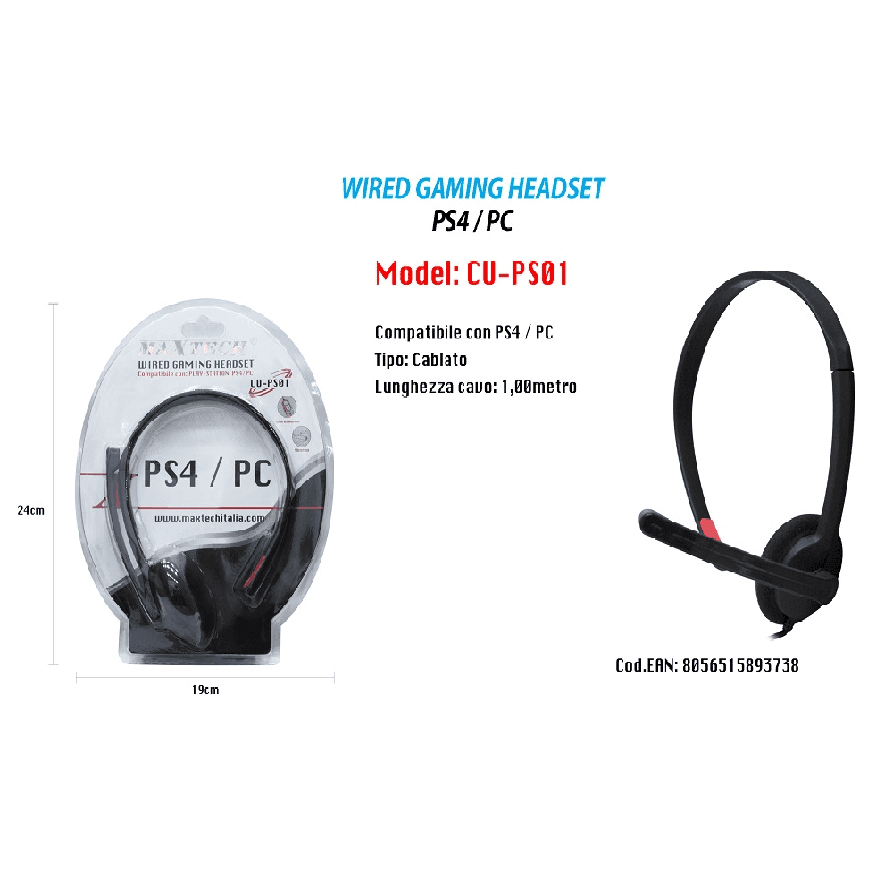 WIRED GAMING HEADSET COMPATIBILE CON PS4 / PC MICROFONO CUFFIA MAXTECH CU-PS01 - 2