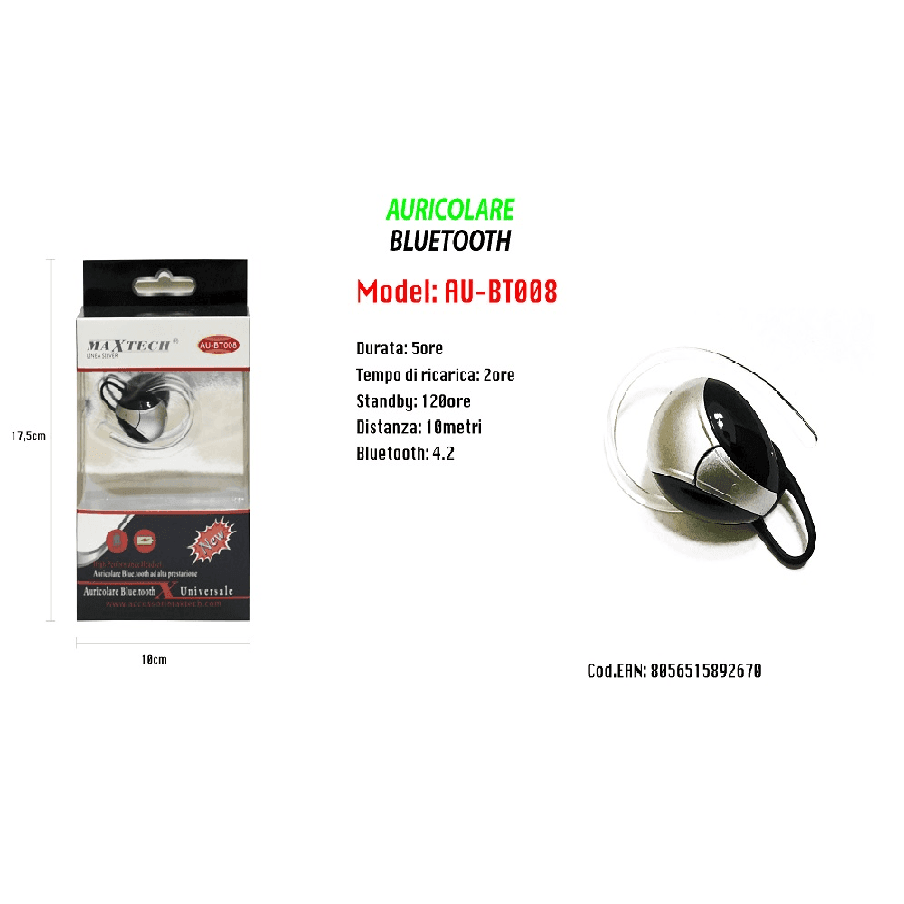MAXTECH AURICOLARE BLUETOOTH 4.2 AU-BT008 UNIVERSALE CUFFIA PER CELLULARE SMARTPHONE - 2