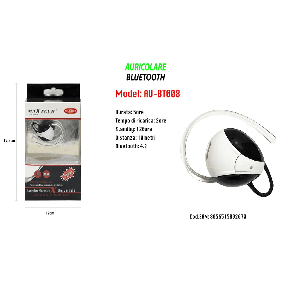 MAXTECH AURICOLARE BLUETOOTH 4.2 AU-BT008 UNIVERSALE CUFFIA PER CELLULARE SMARTPHONE - 3