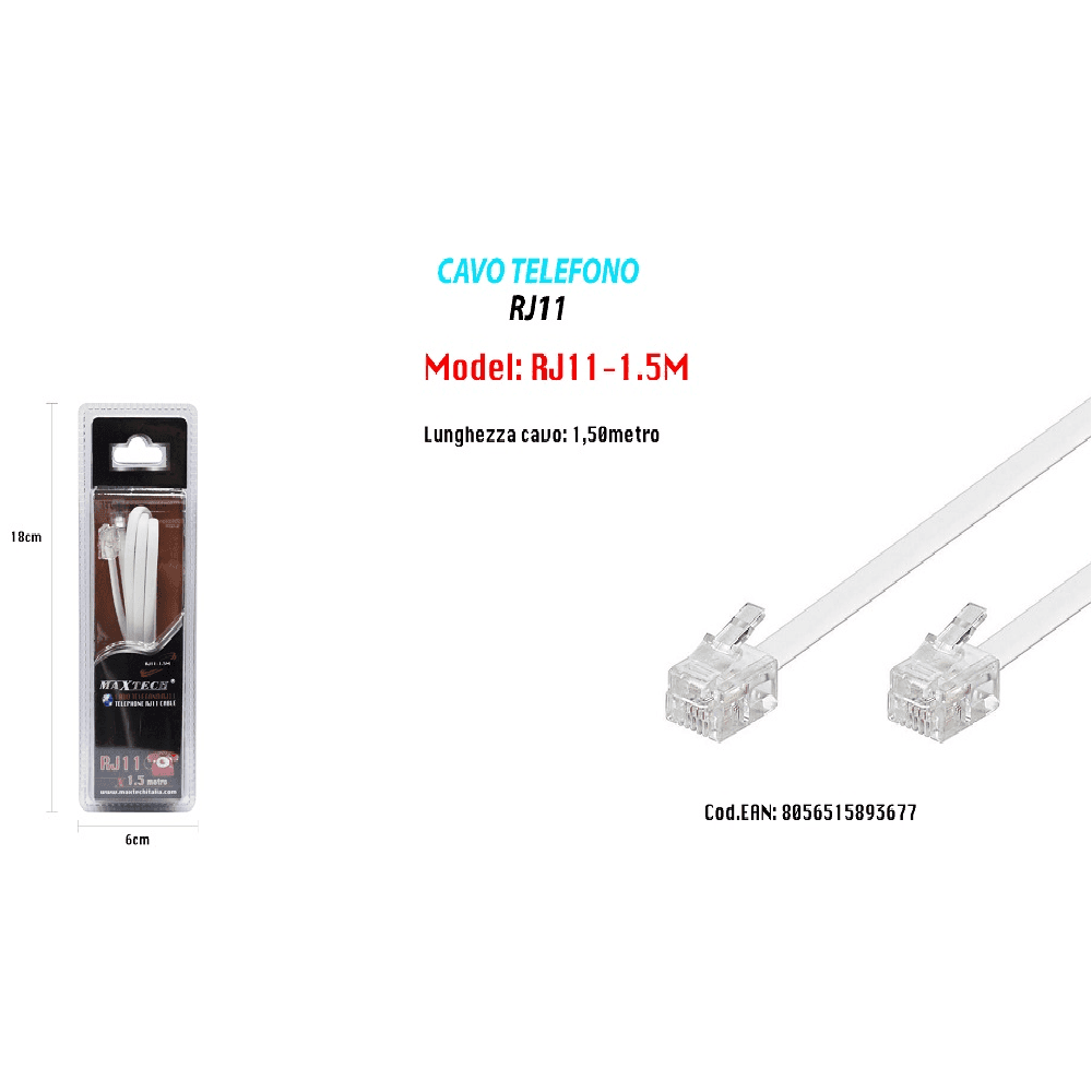 CAVO PROLUNGA TELEFONICA RJ11 1.5 MT COLLEGAMENTO TELEFONICO MODEM MAXTECH RJ11-1.5M - 2