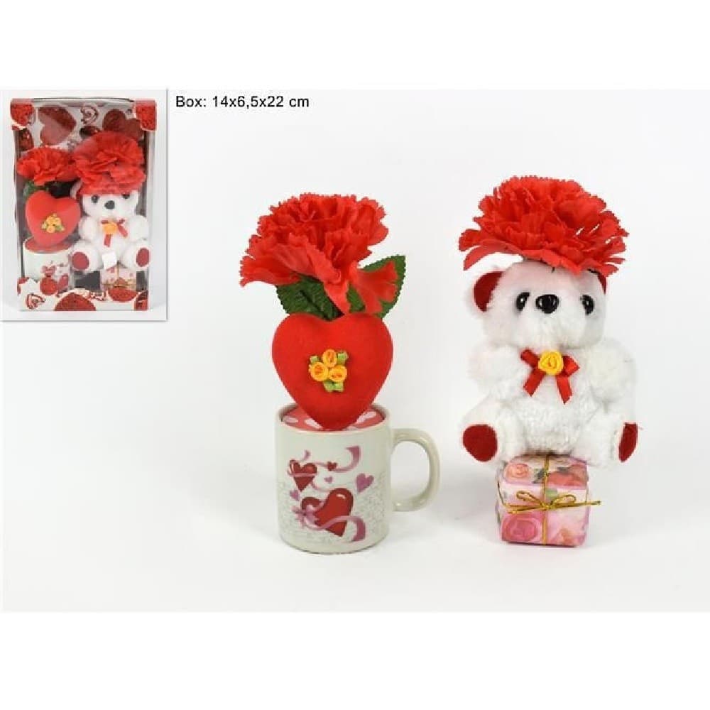 TAZZINA CON PELUCHE ORSETTO IDEA REGALO SAN VALENTINO CON FIORI CUORE CONFEZIONE - 2