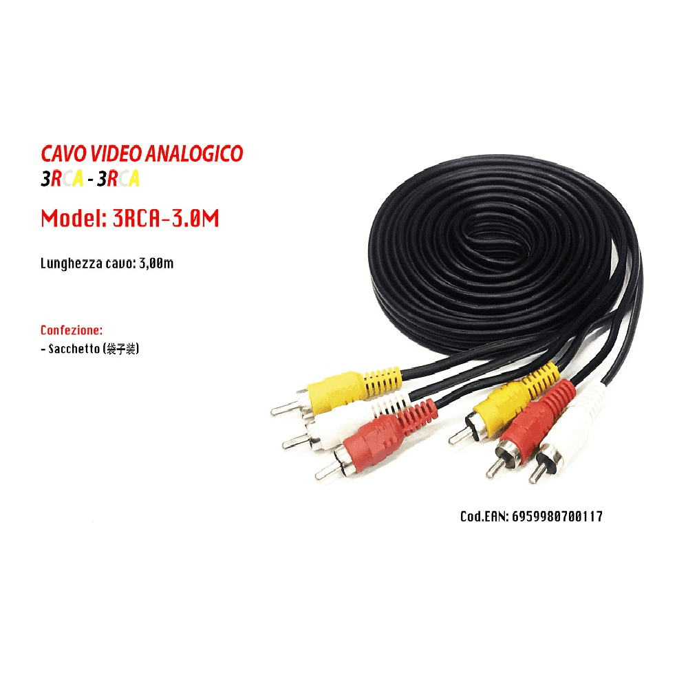 CAVO PROLUNGA 3MT AUDIO VIDEO ANALOGICO 3 RCA-3RCA MASCHIO STEREO DVD TV PC - 2