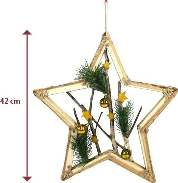 APPENDINO FORMA STELLA IN LEGNO RAMI E PALLINE 42CM ORO DECORAZIONE NATALE - 2
