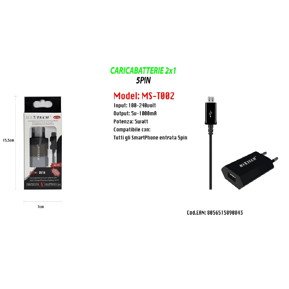 CARICABATTERIE 2X1 5PIN PER SAMSUNG GALAXY SERIES SMARTPHONE 5V/1A MAXTECH MS-T002 - 2