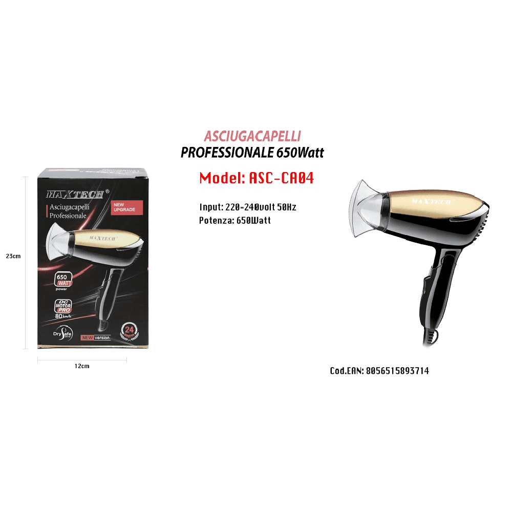 ASCIUGACAPELLI DA VIAGGIO 650W PIEGHEVOLE PHON CAPELLI BECCUCCIO PRECISIONE ASC-CA04 - 2