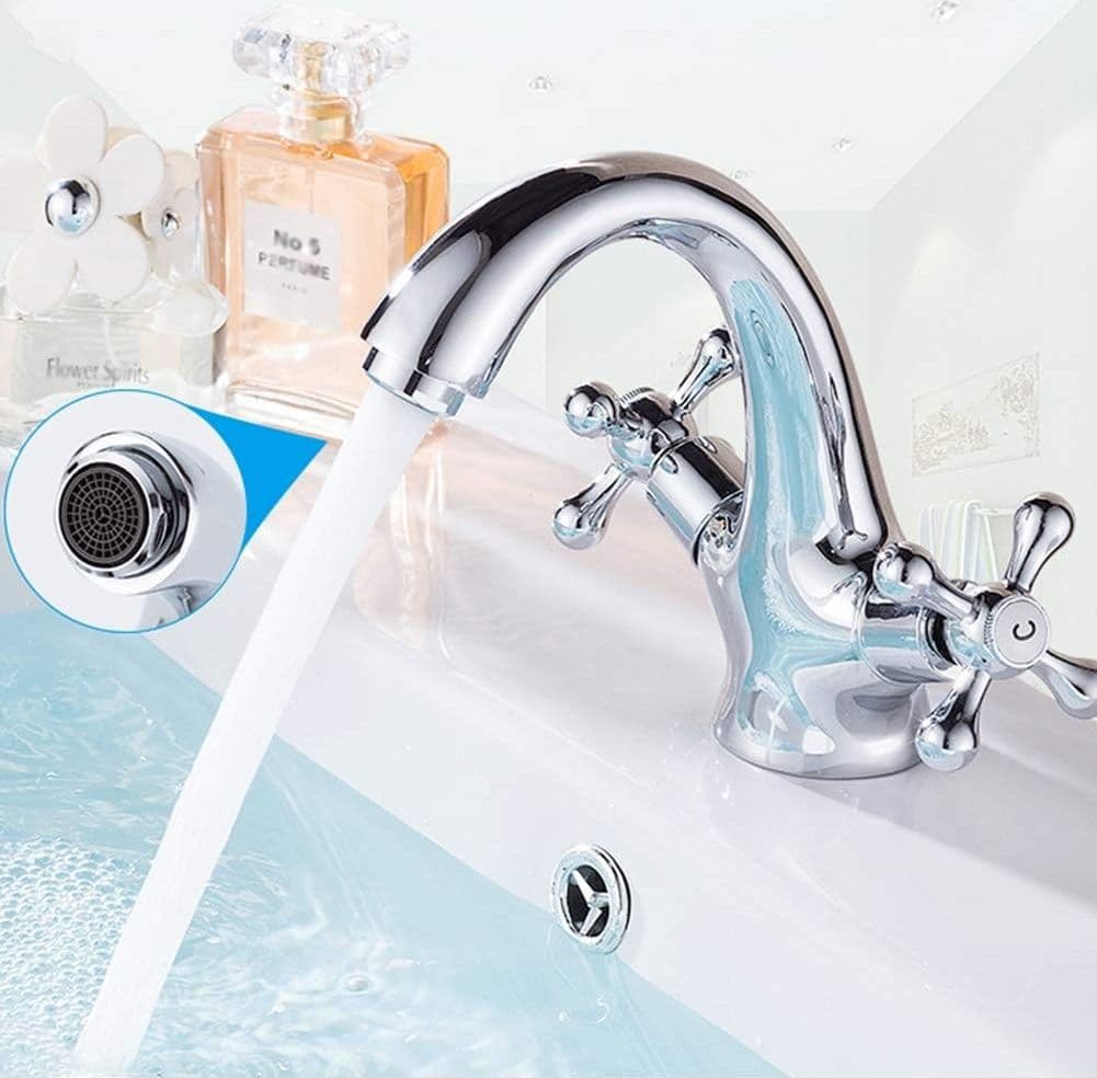 RUBINETTO BICOMANDO PER LAVABO APPOGGIO BAGNO COMANDO CROCE VITE ACCIAIO CROMATO - 3