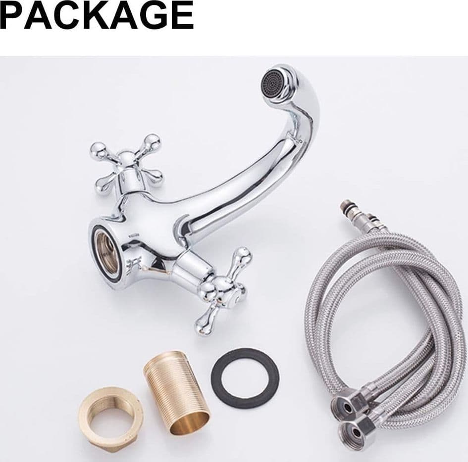 RUBINETTO BICOMANDO PER LAVABO APPOGGIO BAGNO COMANDO CROCE VITE ACCIAIO CROMATO - 5