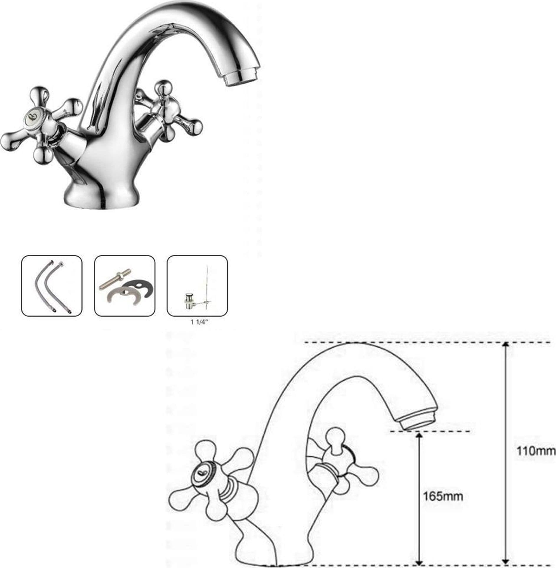 RUBINETTO BICOMANDO PER LAVABO APPOGGIO BAGNO COMANDO CROCE VITE ACCIAIO CROMATO - 6