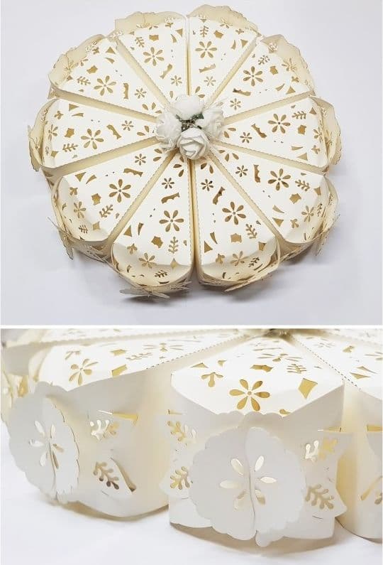 SET 10 BOMBONIERE SCATOLINA SPICCHIO TORTA BIANCO FIORE PORTACONFETTI MATRIMONIO - 4