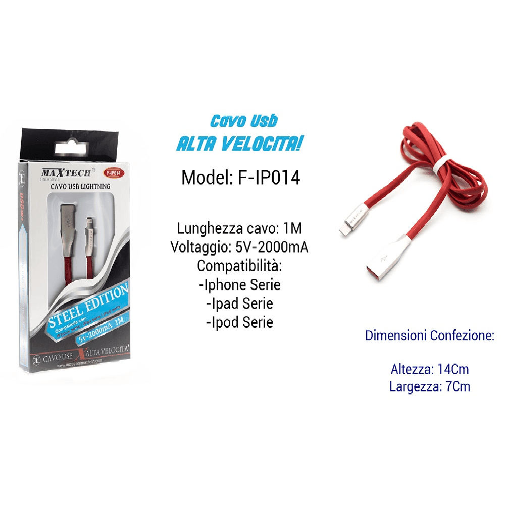 CAVO USB RICARICA VELOCE X IPHONE IPAD IPOD 5VOLT - 2000MA 1MT MAXTECH F-IP014 - 2