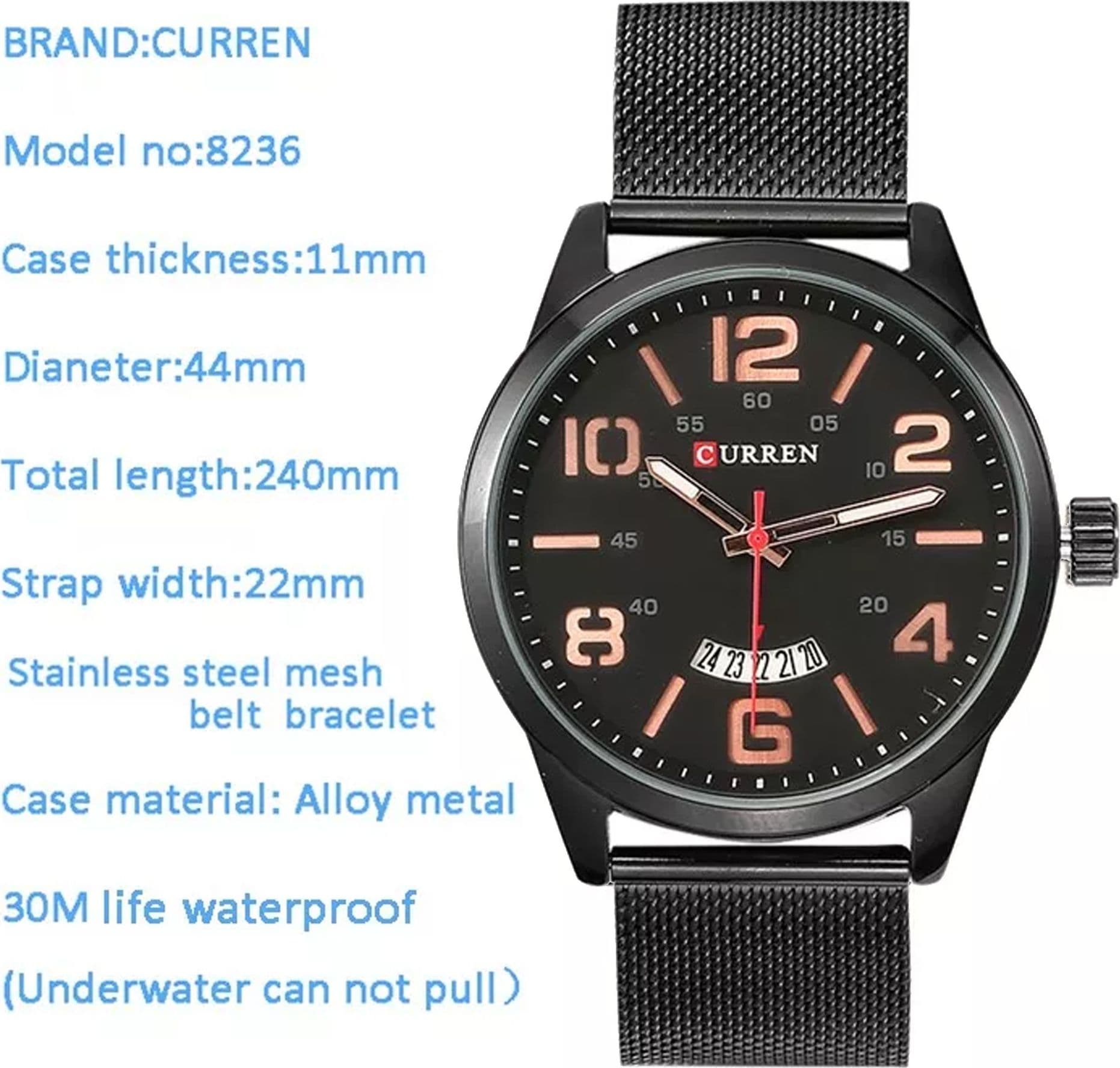 OROLOGIO POLSO CURREN 8236 UOMO ANALOGICO QUARZO MILITARY DATA NERO BIANC - 6