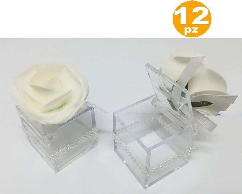 BOMBONIERE SCATOLA CON ROSA BIANCA PERLE CUBO 4.5CM PORTACONFETTI PER MATRIMONIO - 3