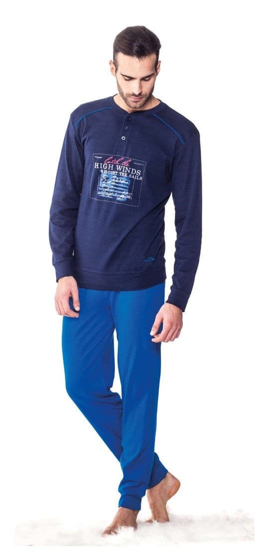 PIGIAMA DA UOMO RAGAZZO IN COTONE MAGLIA E PANTALONE LUNGHI BLU CHIAROSCURO SU18 - 2