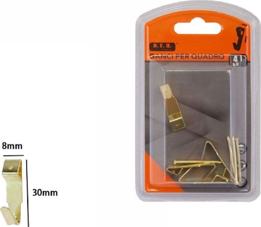 SET 4 PEZZI GANCI DORATI PER QUADRI QUADRO CORNICI APPENDERE PARETE 8X30MM 07527
