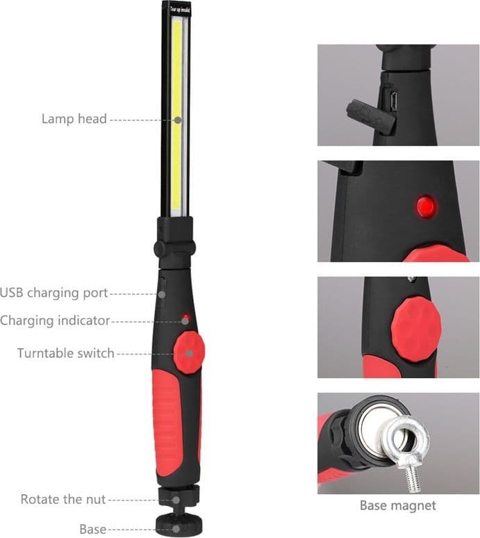 LAMPADA TORCIA LAVORO CALAMITA PORTATILE RICARICABILE SLIM REGOLABILE LED COB - 5