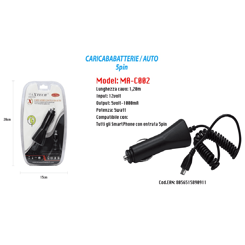 CARICABATTERIA USB CARICATORE CAVO 1,20M DA AUTO RICARICA SMARTPHONE 5V-1000MA MAXTECH MA-C002 - 2