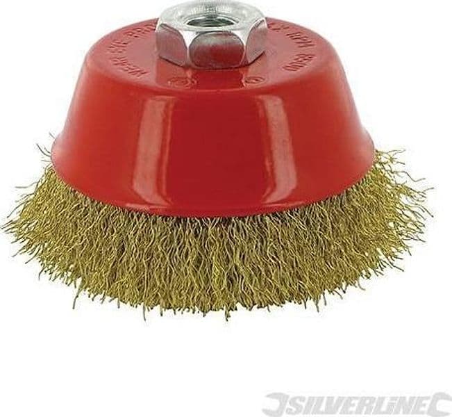 Spazzola a tazza con fili ondulati in ottone alta resistenza ideale per smerigliatrici Offerta – 100 mm – Silverline – rosso