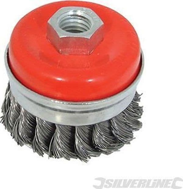 Spazzola a tazza in acciaio a filo ritorto per smerigliatrici angolari tre misure Silverline