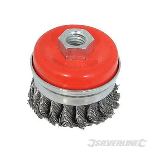 Spazzola a tazza in acciaio a filo ritorto per smerigliatrici angolari tre misure Silverline Silverline