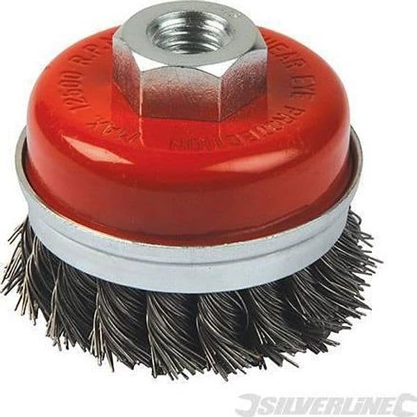 Spazzola a tazza in acciaio a filo ritorto per smerigliatrici angolari tre misure Silverline Silverline