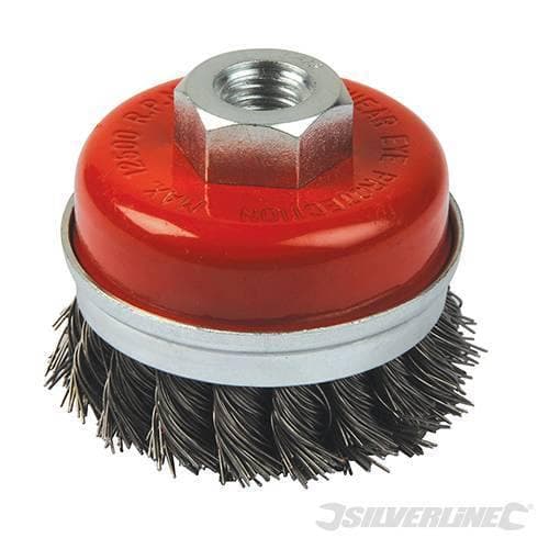 Spazzola a tazza in acciaio a filo ritorto per smerigliatrici angolari tre misure Silverline Silverline