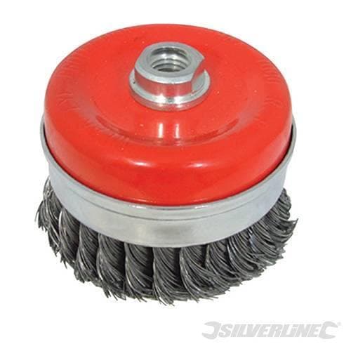 Spazzola a tazza in acciaio a filo ritorto per smerigliatrici angolari tre misure Silverline Silverline