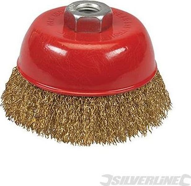 Spazzola a tazza con fili ondulati in acciaio ottonato ad alta resistenza per smerigliatrici – 75 mm – Silverline – rosso