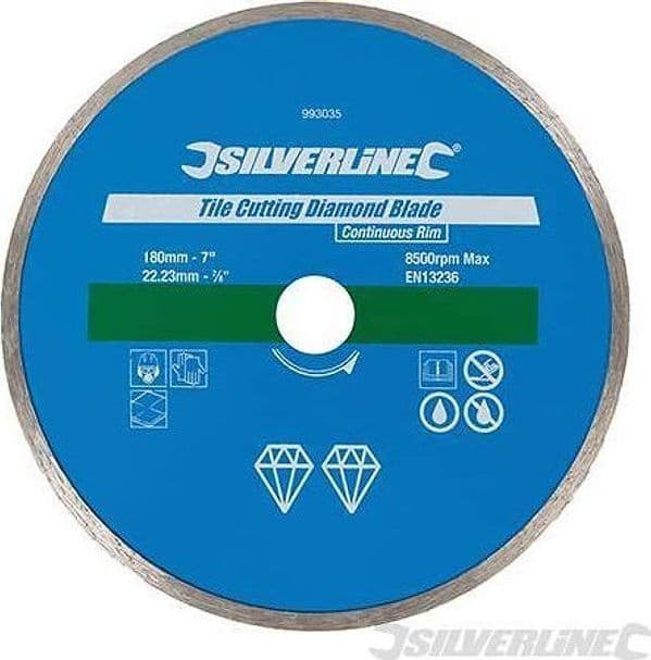 Disco Silverline diamantato per taglio piastrelle  per smerigliatrici angolari  foro 22,2 – 180 x 22.23 mm – plastica