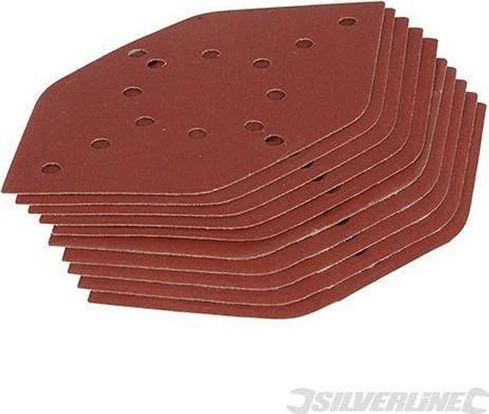 Fogli abrasivi esagonali a strappo per levigatrici a delta in ossido di alluminio silverline varie grane in Fogli rotorbitali Eternal Brico - Ariano Irpino, commercioVirtuoso.it