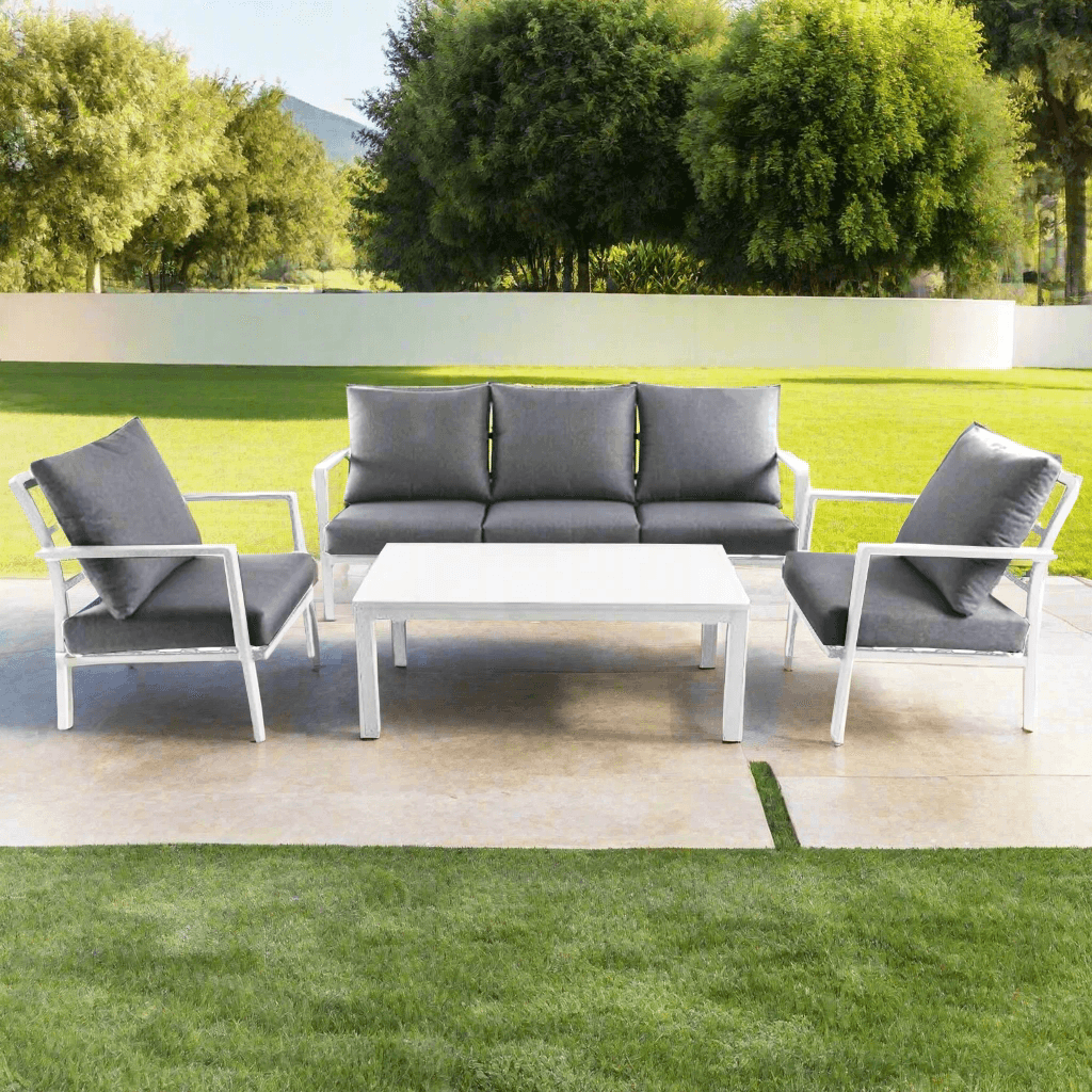 Salotto con cuscini ''Flores Maxi'' in alluminio verniciato da giardino e veranda in Set di mobili Decor Space - Altamura, commercioVirtuoso.it