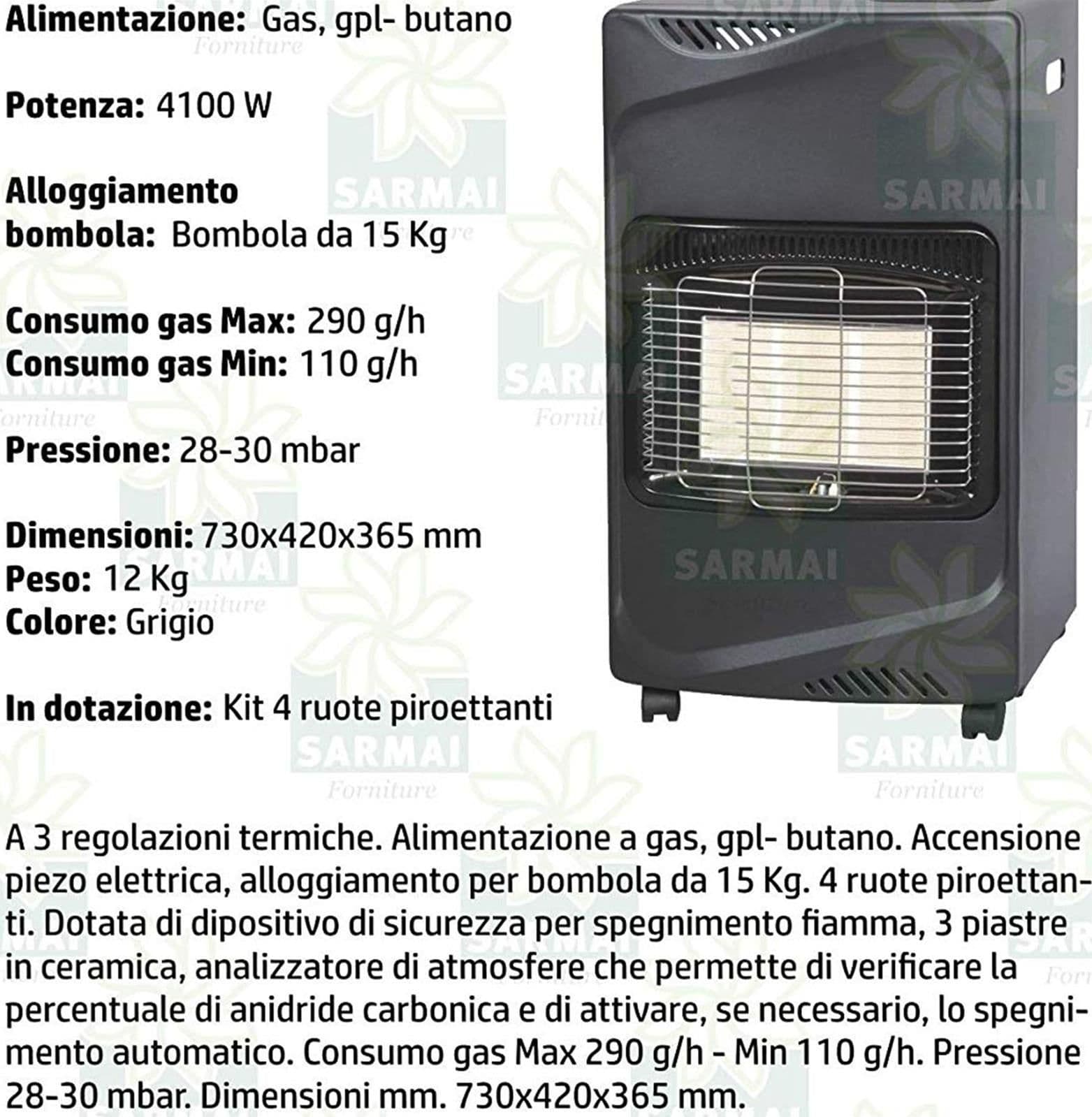 STUFE STUFA A GAS GPL INFRAROSSI 4100 W RISCALDAMENTO CASA INTERNO ACCENSIONE PIEZO