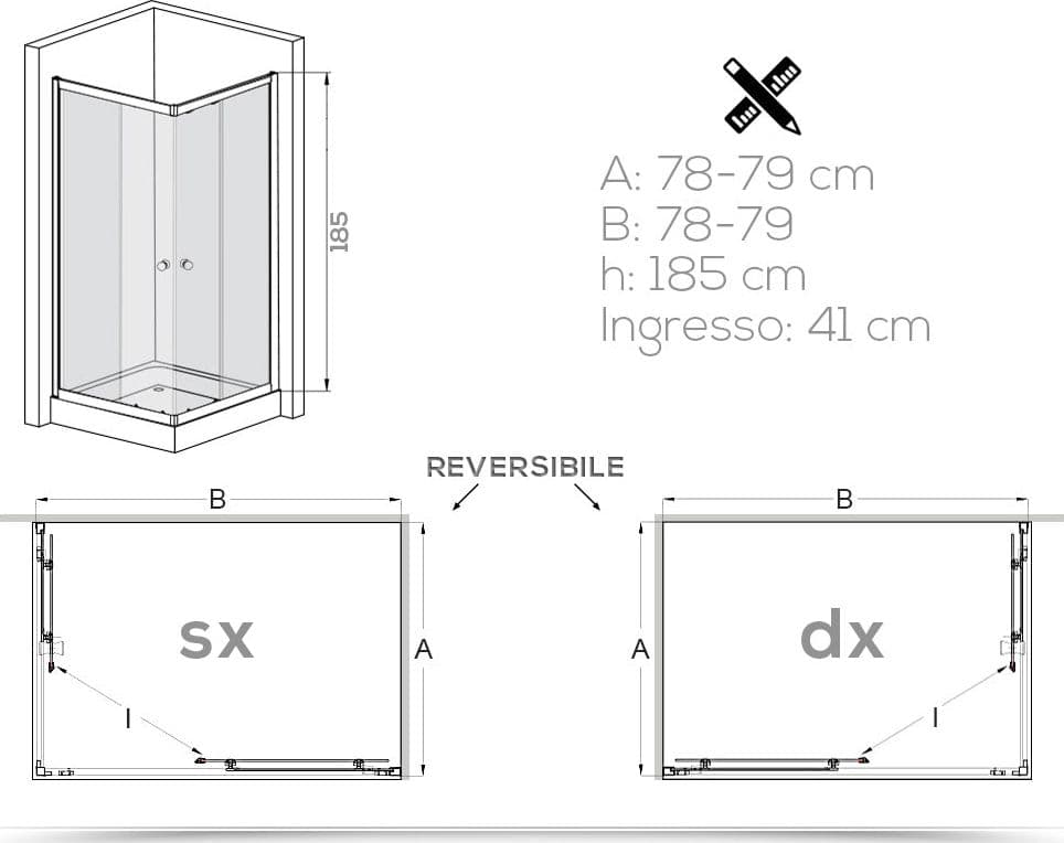 Box doccia angolare "Aurora" in cristallo 6 mm con profili in PVC apertura centrale riducibile "Made in Italy" Fai da te/Attrezzature per cucine e bagni/Attrezzature per bagni/Docce e componenti doccia/Box doccia Decor Space - Altamura, Commerciovirtuoso.it