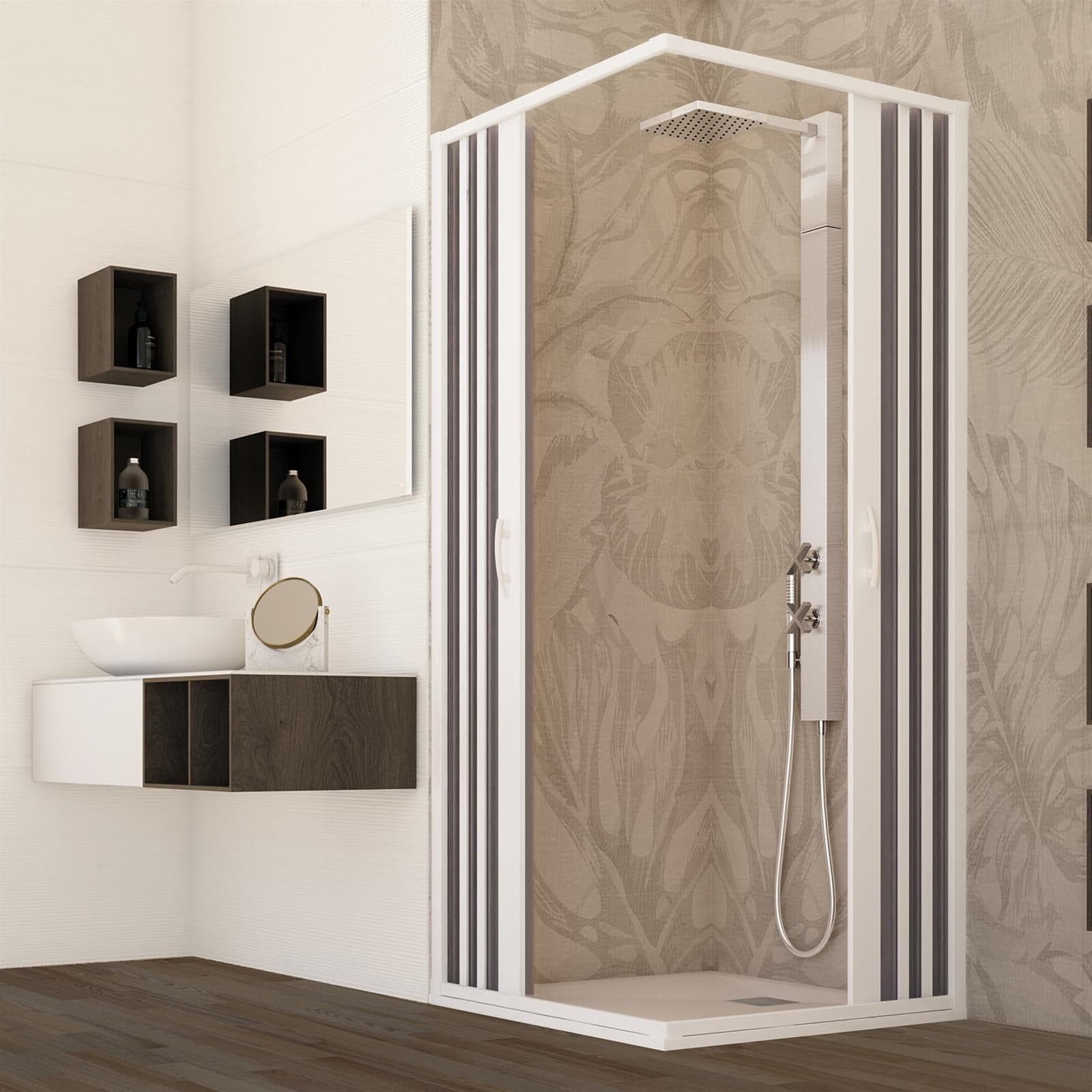 Box doccia angolare "Flex" con fascia larga apertura centrale a soffietto riducibile "Made in Italy" Fai da te/Attrezzature per cucine e bagni/Attrezzature per bagni/Docce e componenti doccia/Box doccia Decor Space - Altamura, Commerciovirtuoso.it