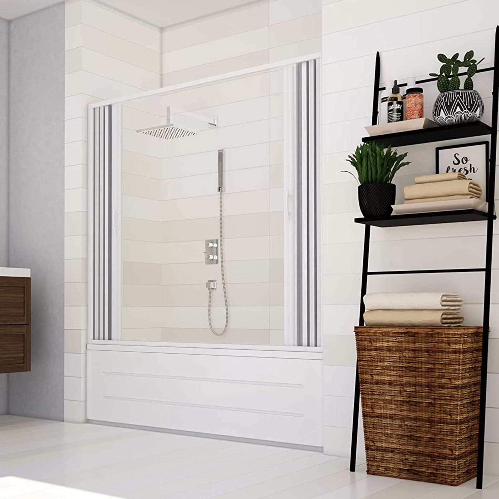 Box sopra vasca a nicchia "Flex" con fascia larga apertura centrale a soffietto riducibile "Made in Italy" in Mobili a muro Decor Space - Altamura, commercioVirtuoso.it