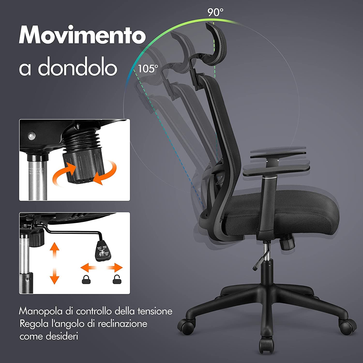 Sedia da ufficio ergonomica "Copenaghen" in tessuto traspirante con ruote in Sedie da scrivania Decor Space - Altamura, commercioVirtuoso.it