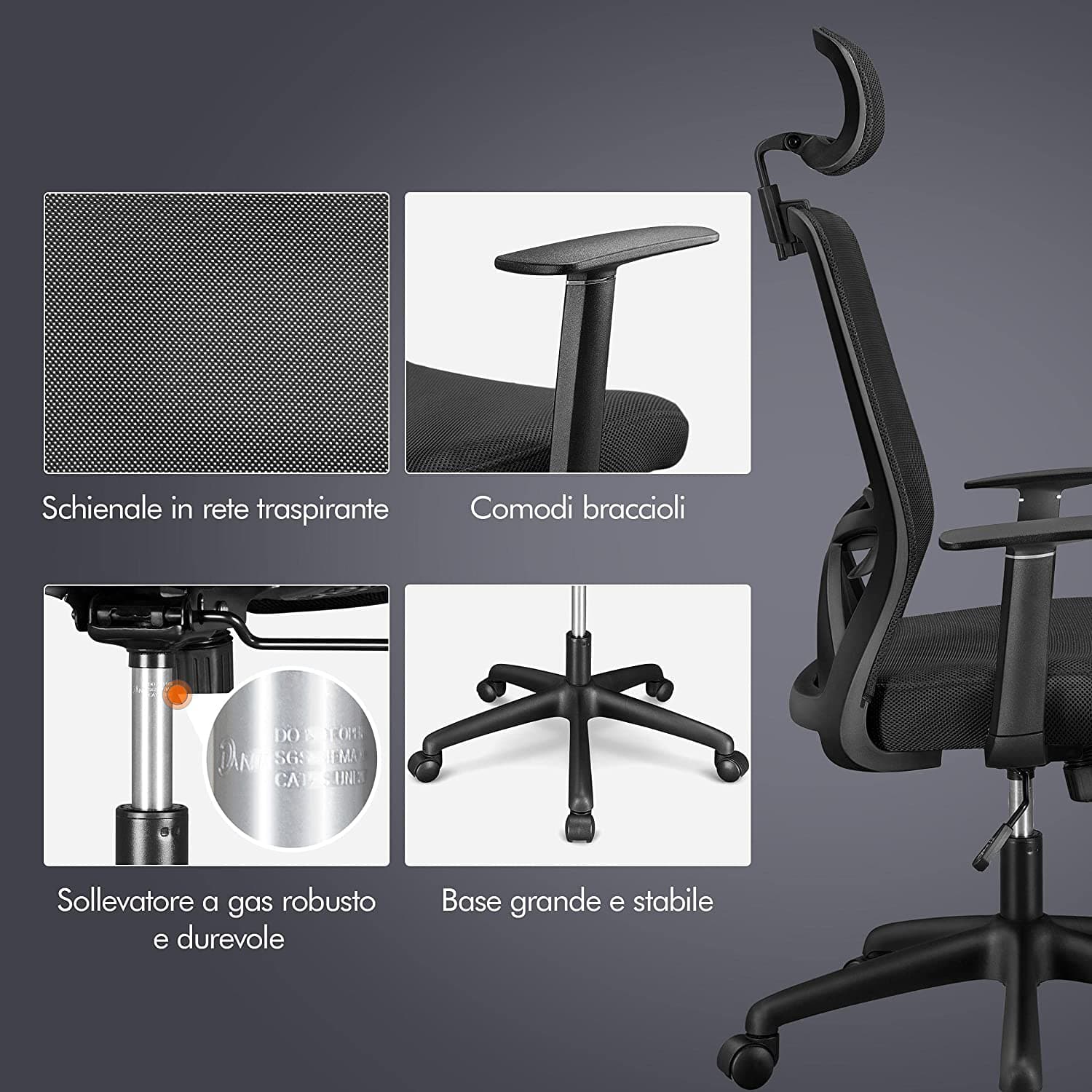 Sedia da ufficio ergonomica "Copenaghen" in tessuto traspirante con ruote in Sedie da scrivania Decor Space - Altamura, commercioVirtuoso.it