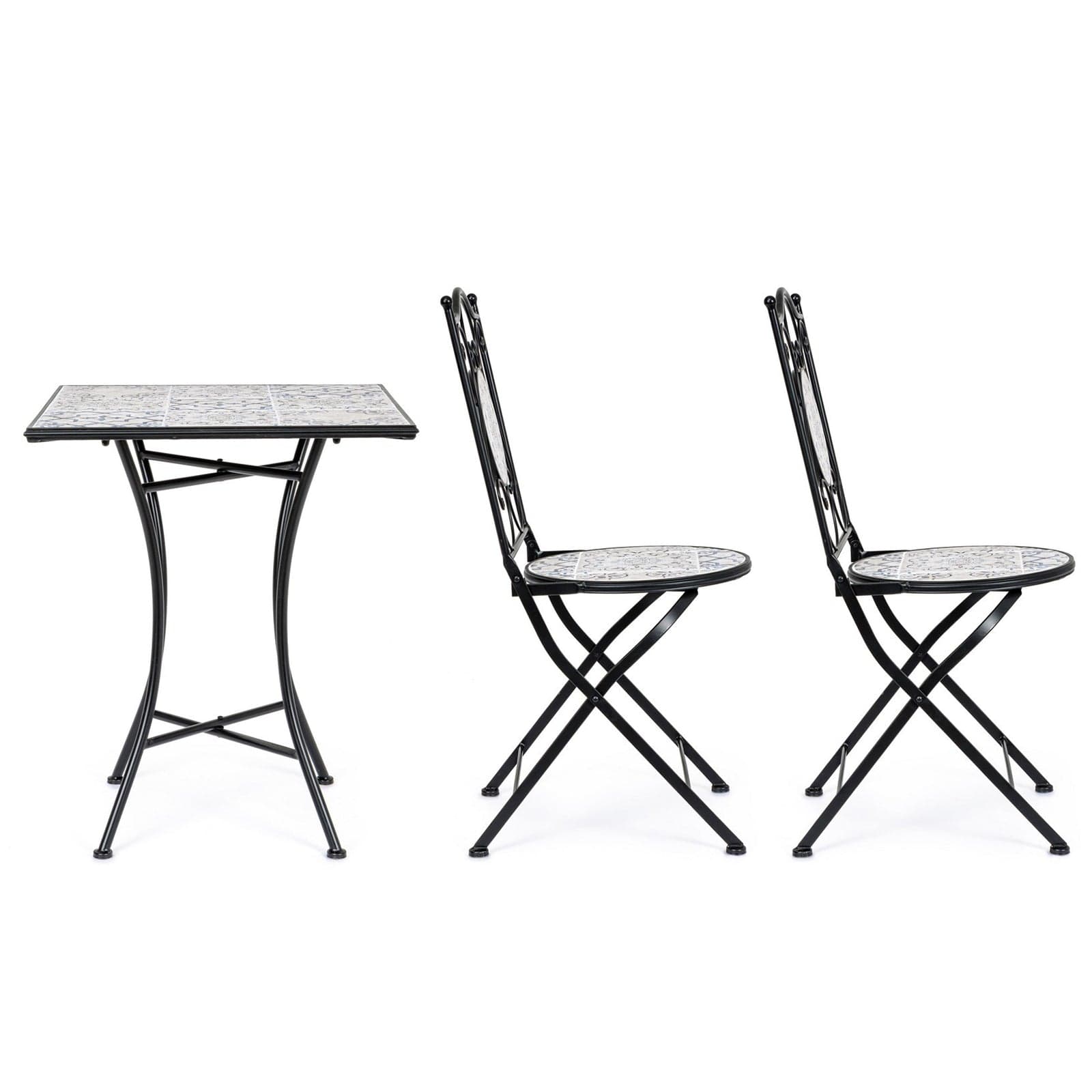 Tavolino quadrato "Erice" e sedie pieghevoli in acciaio per esterno da bar e giardino Giardino e giardinaggio/Arredamento da giardino e accessori/Tavoli e tavolini/Tavoli standard Decor Space - Altamura, Commerciovirtuoso.it