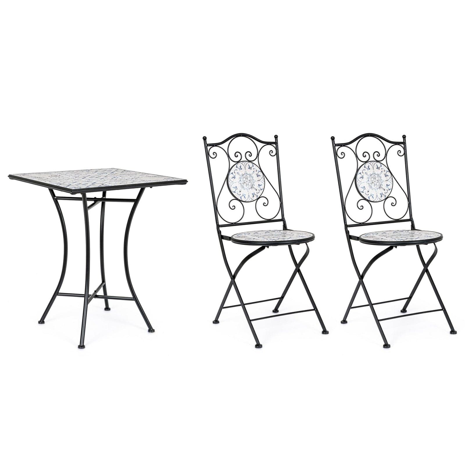 Tavolino quadrato "Erice" e sedie pieghevoli in acciaio per esterno da bar e giardino Giardino e giardinaggio/Arredamento da giardino e accessori/Tavoli e tavolini/Tavoli standard Decor Space - Altamura, Commerciovirtuoso.it