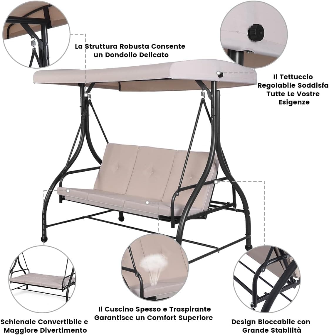 Dondolo 3 posti "Katay" altalena da giardino e veranda reclinabile a letto 194 cm in Dondoli coperti Decor Space - Altamura, commercioVirtuoso.it