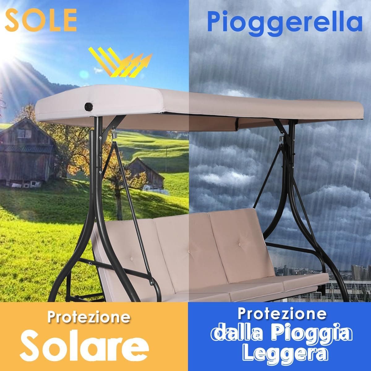 Dondolo 3 posti "Katay" altalena da giardino e veranda reclinabile a letto 194 cm in Dondoli coperti Decor Space - Altamura, commercioVirtuoso.it