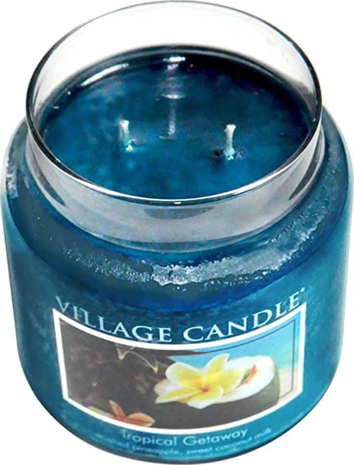 Candele profumate "Village Candle" profumatore per ambienti, Giara in vetro 730 gr, 26 once – TROPICAL GETAWAY – blu