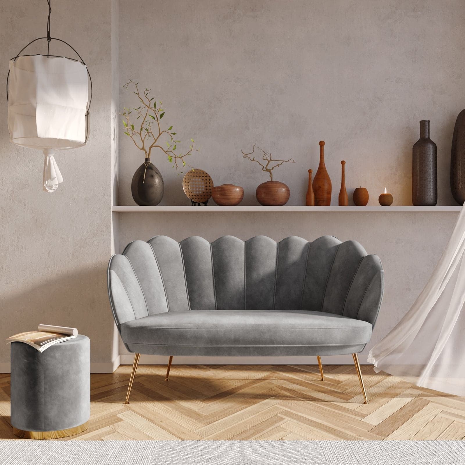 Divano in velluto 2 posti "Gigliola" conchiglia con piedi ottone 137 cm - 23