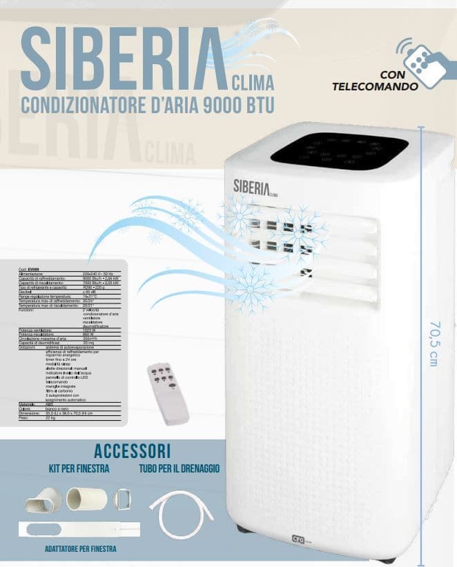 Condizionatore d'aria portatile "Siberia" 9000 BTU, per 20m² 2.66 Kw Fai da te/Prodotti per la costruzione/Riscaldamento e raffreddamento/Sistemi mobili di climatizzazione/Ventilatori/Ventilatori a piantana Decor Space - Altamura, Commerciovirtuoso.it